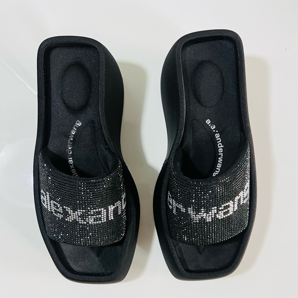 Alexander Wang Black Crystal Logo Slide Sandals